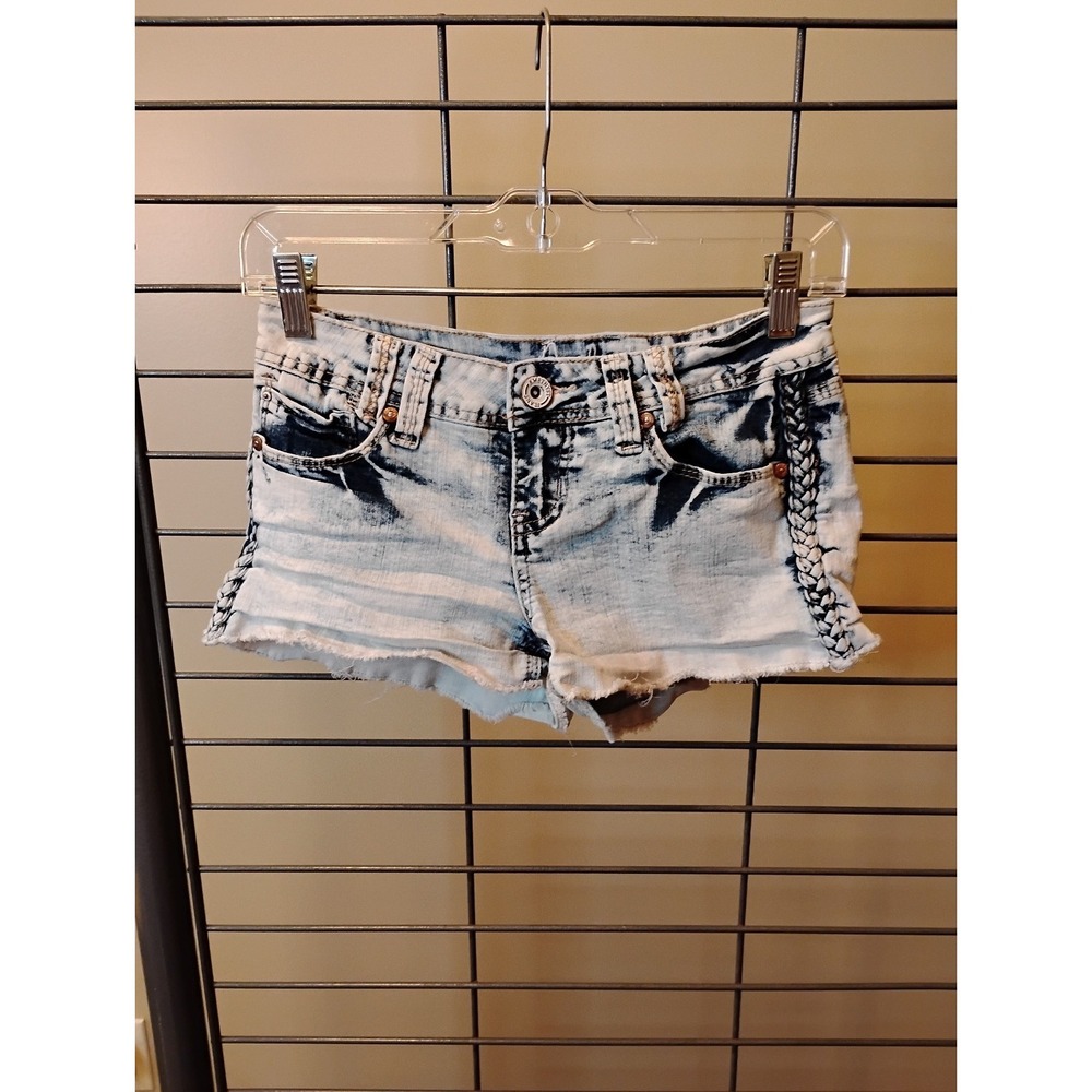 Amethyst‎ Low Rise Light Blue Bleached Denim Shorts Braided Sides Womens C8